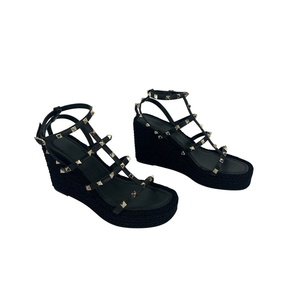 Valentino Garavani Rockstud Calfskin Wedge Sandals Black Size 41